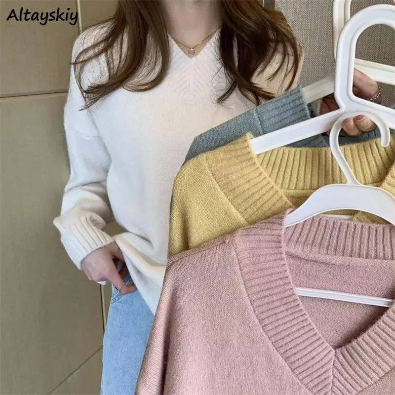 

Women Solid V-neck Pullovers Autumn Gentle Long Sleeve Bottoming Sweaters Winter Glutinous Lazy Loose Jumper OL Elegant Knitwear