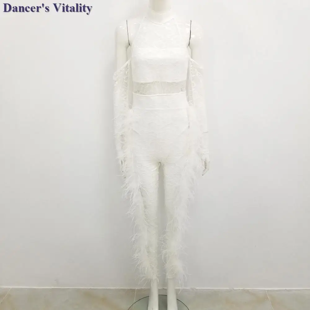 

White Lace Perspective Mesh Female Singer Dancer Bodysuit One-Piece Party Jumpsuit Feather Bodysuit Leggings DS Sexy Costume