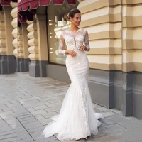 modest mermaid wedding dress scoop neck long sleeves tulle lace applique button bridal gown elegant bohemian robe de mariee 2021