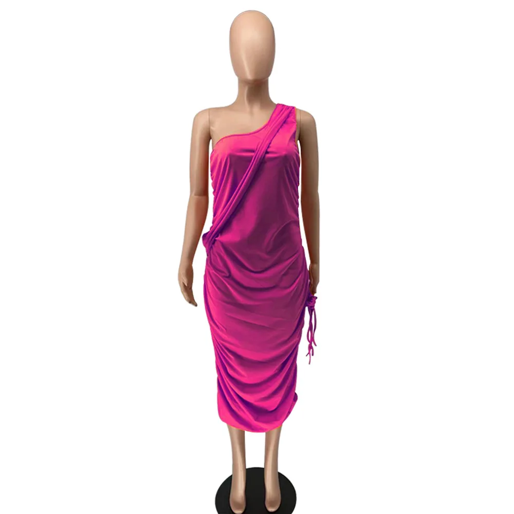 

One Off Shoulder Mature Women Pleat Solid Midi Dresses