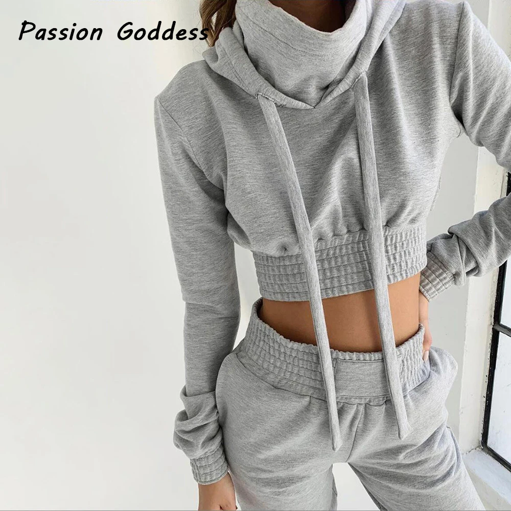 

Casual Women 2 Piece Gray Tracksuits Sets Turtleneck Sweatshirts Hoodies High Waist Sweatpants Loose Outcoats Jogger Sweatsuits