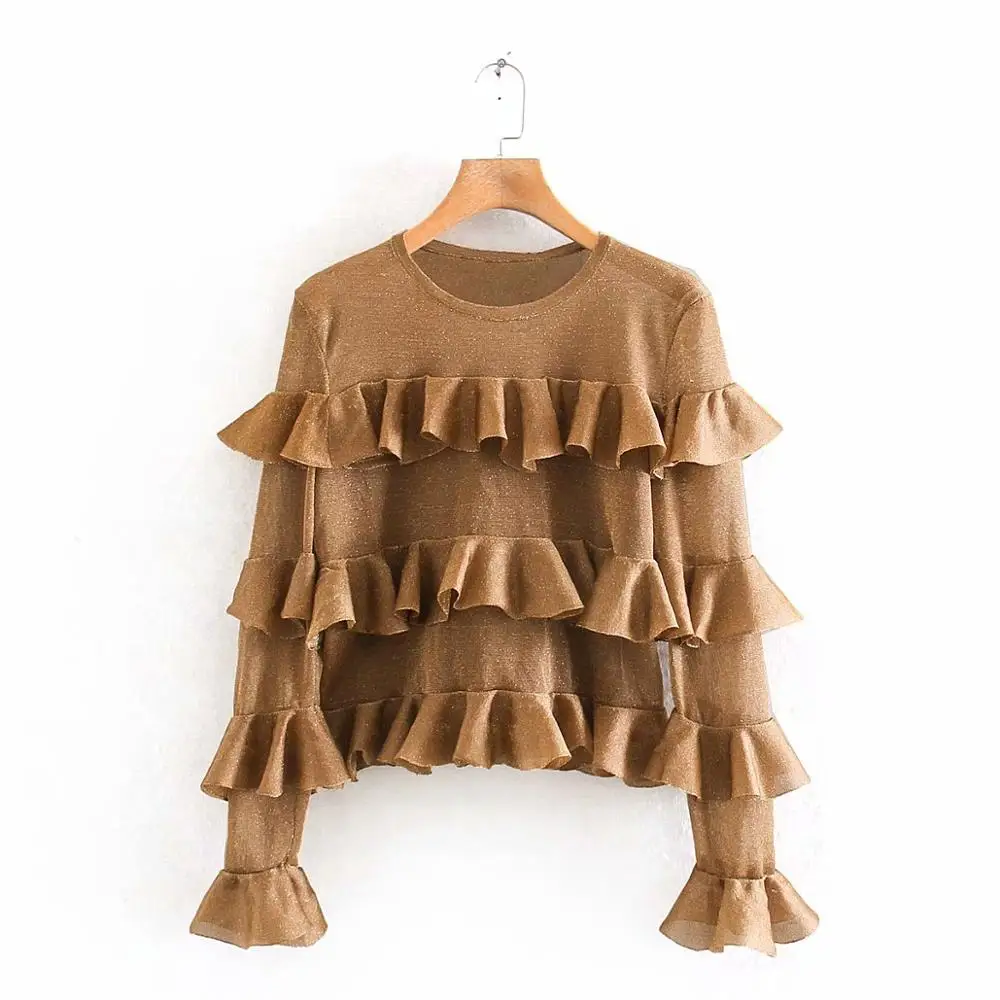 Женская Элегантная блузка с каскадными оборками цвета металлик Повседневная