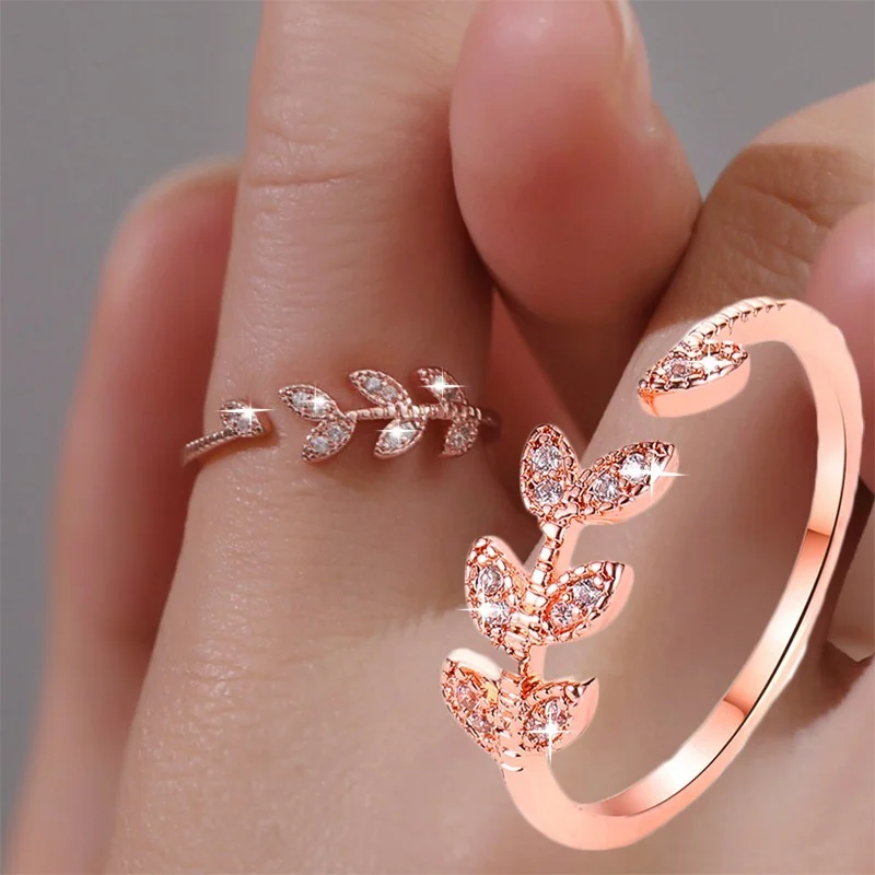 

Simple Leaf Zircon Open Copper Ring Adjustable Wedding Ring Luxury Jewelry Rings For Women