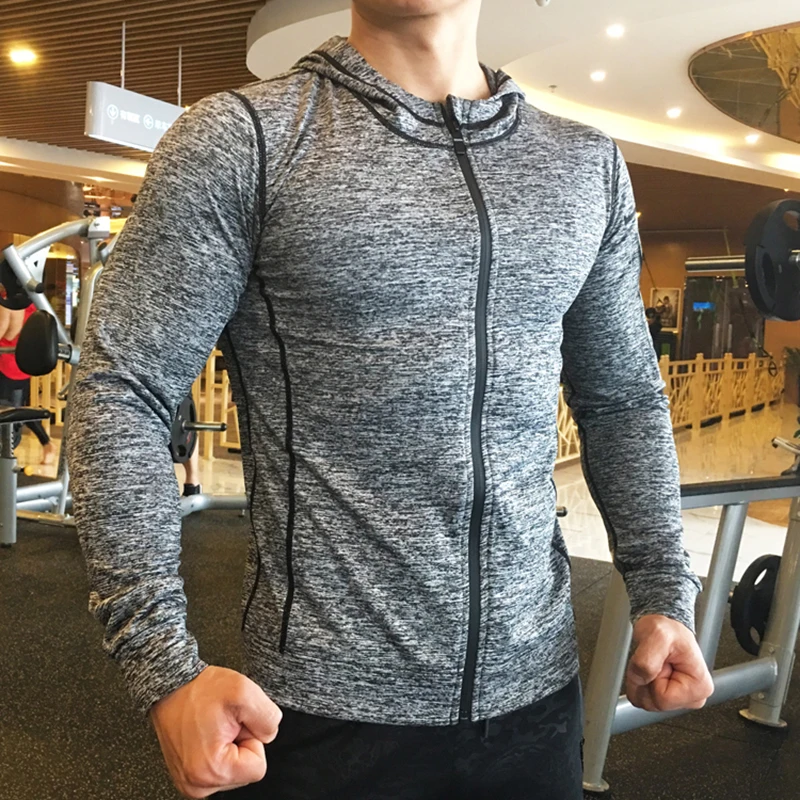 

New Rashgard Hooded Sport Shirt Men Long Sleeve Zipper Running T Shirt Men Hoody Compression Shirt Gym Tshirt Fitness Top