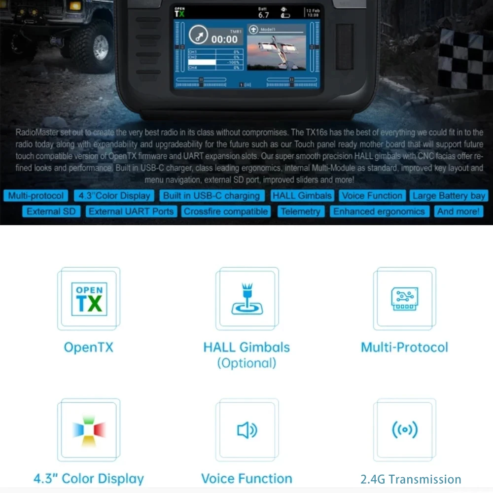 RadioMaster TX16S-transmisor de Radio TBS V2, Sensor Hall, Gimbals, 2,4G, 16 canales, OpenTX, sistema RF multiprotocolo para Dron RC-4