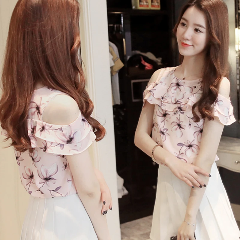 Женские блузки с открытыми плечами и коротким рукавом цветочные шифоновые