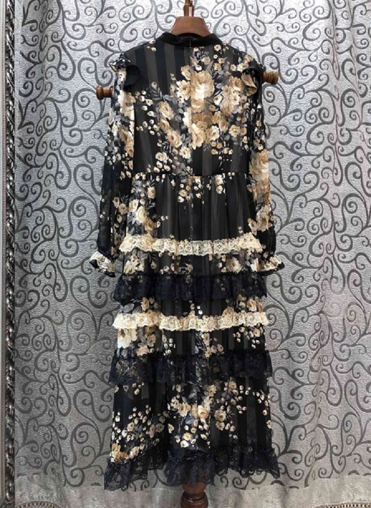 

2021 Novia Party Spring Style Women O-Neck Vintage Flower Print Ruffle Lace Patchwork Long Sleeve Mid-Calf Length Dress Vestidos