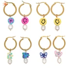 Модные милые цветные серьги-кольца BLIN с улыбкой, цветком, натуральным жемчугом и бусинами, висячие серьги-кольца, летние серьги из нержавеющей стали