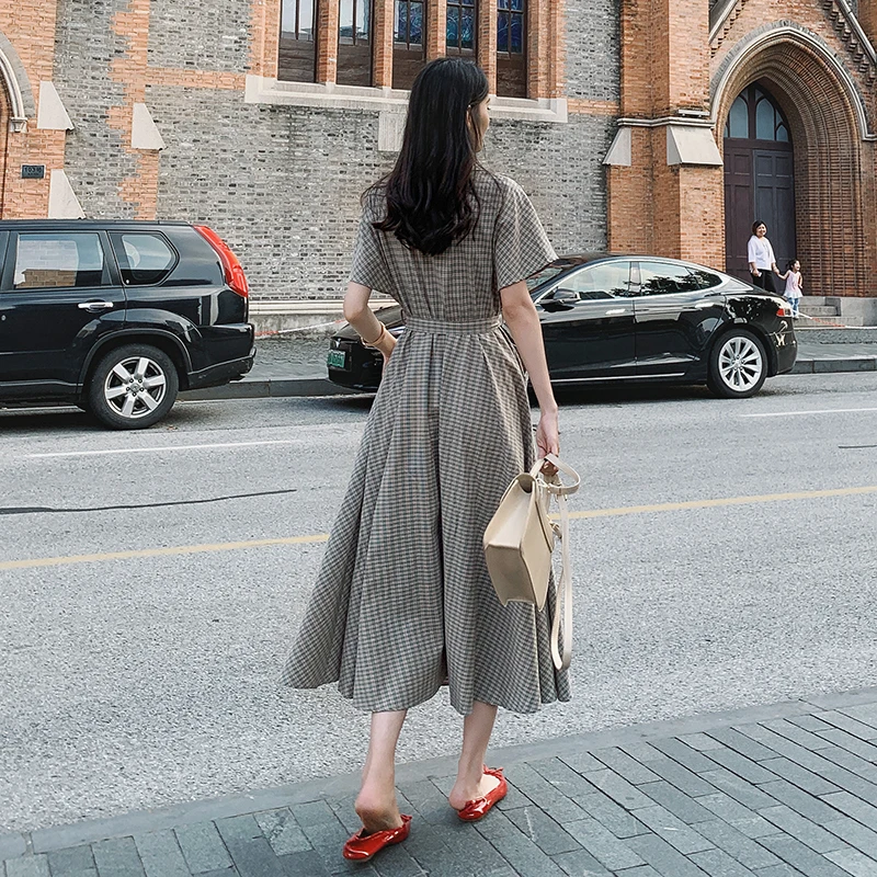 

Ladies Loose Dress New Summer Tight Waist Commute Fashionable Casual Elegant Clothes Long Plaid Short Sleeve Single-Breasted