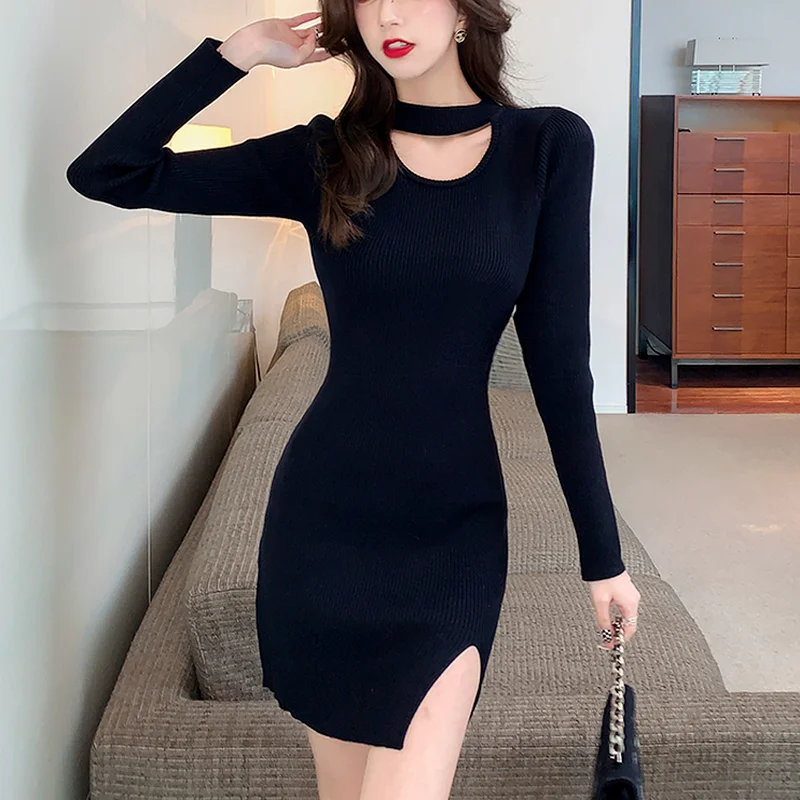

Bodycon Sexy Elegant Party Mini Dress Women Winter Black France Casual Knitted Dress Designer Split One-piece Dress Autumn 2022