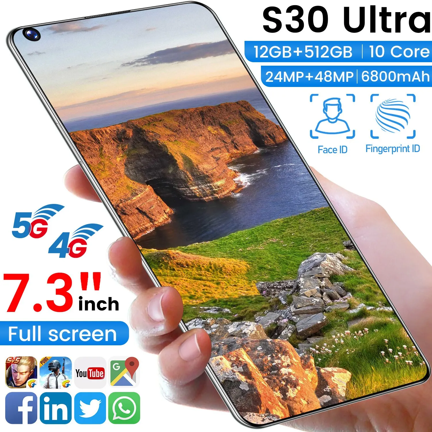 

2021 New Arrival S30 Ultra 12+512GB Android Cheap Smart Phones Global 5G 7.3 Inch 10 Core 24+48MP 6800mAh MT6889 Cellphones
