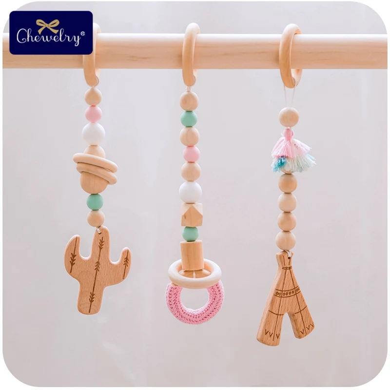 

1pc Baby Teether Play Gym Wooden Pendant Silicone Beads Teething Rodent Natural Wooden Ring Crochet Beads Nurse Gift Crafts Toys