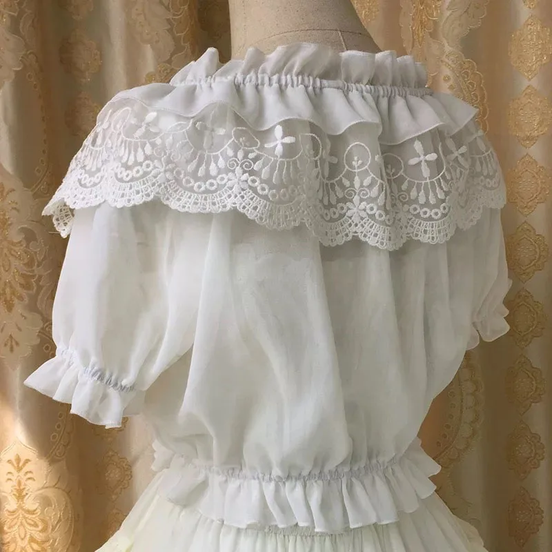 Женская кружевная шифоновая Полупрозрачная блузка с рюшами открытыми плечами