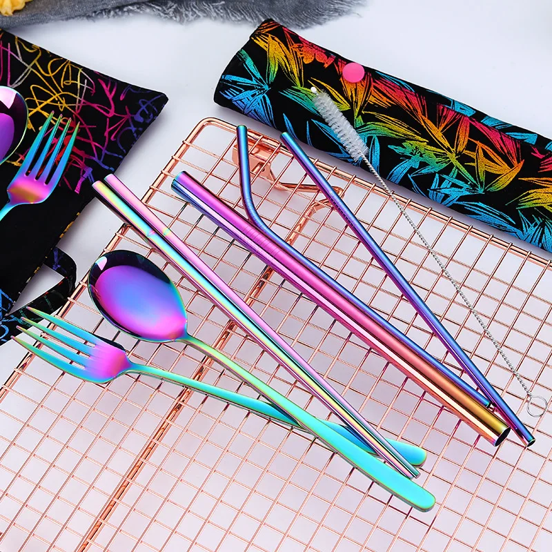 2019new Stainless Steel Cutlery Portable Cutlery Set Chopsticks Spoon Fork Reusable Straw and Portable Dinnerware Bag for Travel