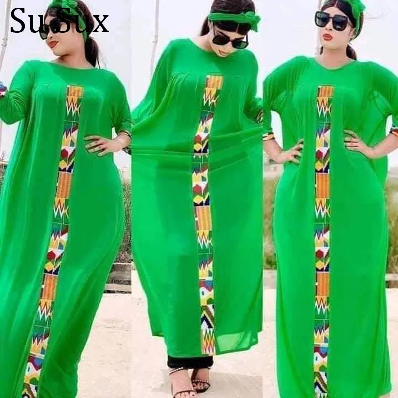 

African Dress Plus Size Chiffon Dress Set African Clothes Dashiki Robe Green Print Dress and Vest Dress and Head Scarf Set Party