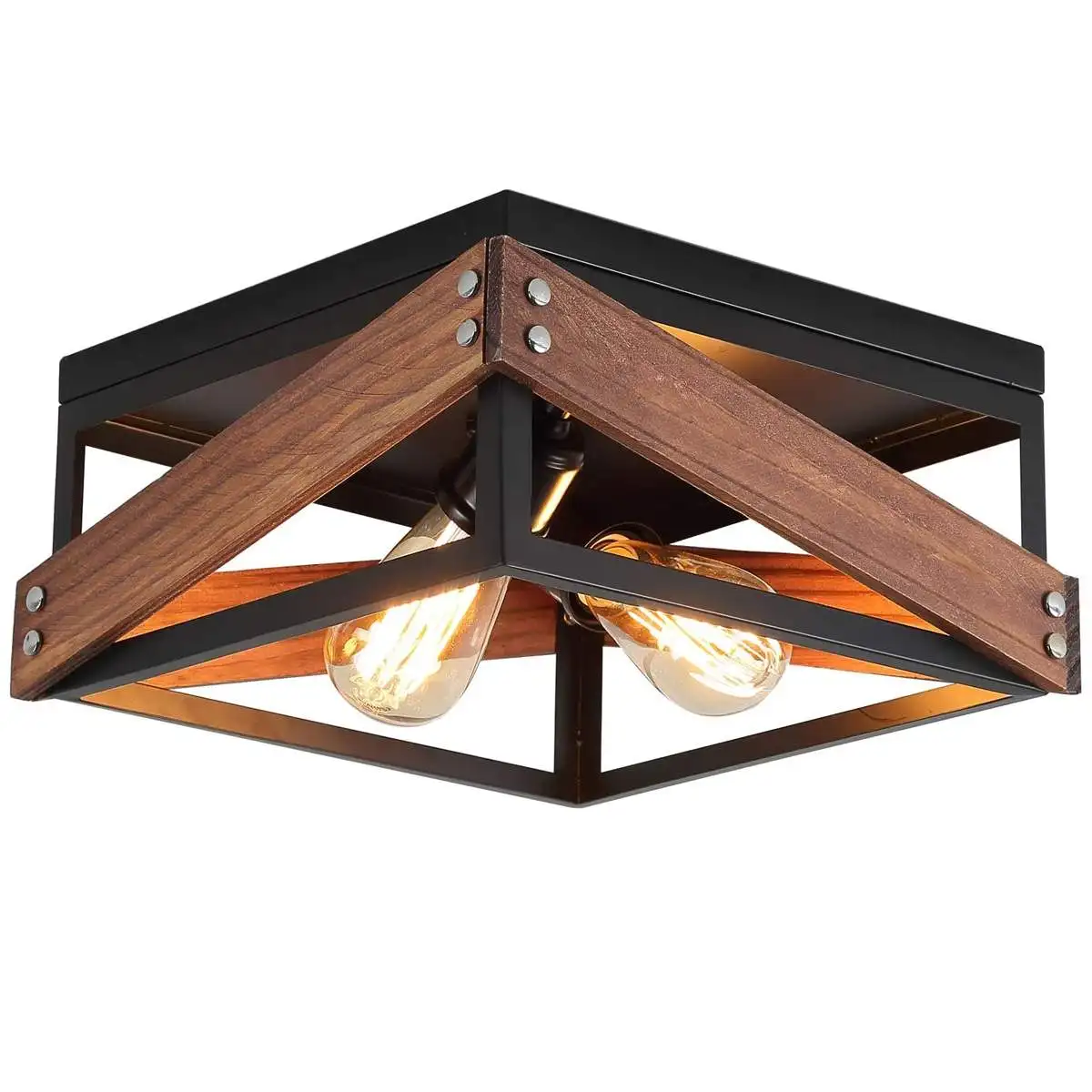 

Retro Industrial Wood Metal Ceiling Two-Light Flush Mount without Bulbs for Restaurant Barn Hallway Living Room Kitchen