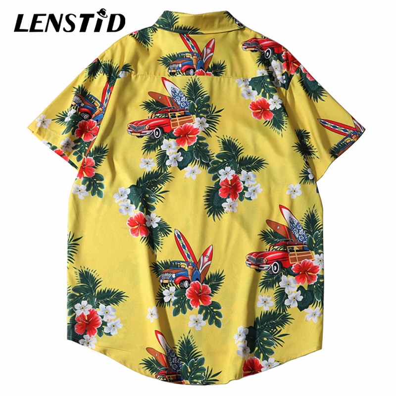 LENSTID 2020 Men Hawaiian Shirt Yellow Hip Hop Streetwear Harajuku Floral Beach Top Short Sleeve Summer Aloha Shirts | Мужская одежда