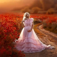 light pink prom dresses sleeveless pregnant womens dress ruffles train sheer maternity gowns for photo shoot
