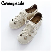 careaymade free shippingnew style summer literary and artistic fltas shoes homemade cowhide thick bottom women shoes3 colors