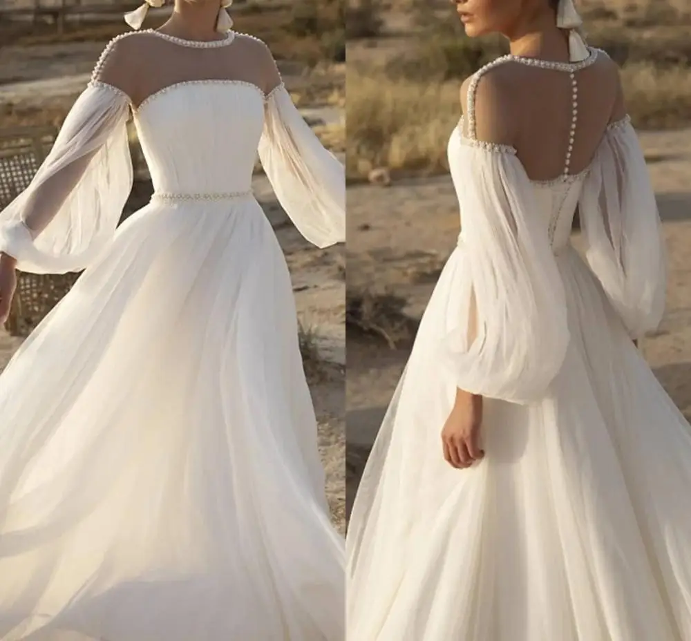 

A-Line Puffy Sleeve Boho Country Wedding Dresses Jewel Illusion Neck Pearls Chiffon Bridal Gowns vestidos de mairage