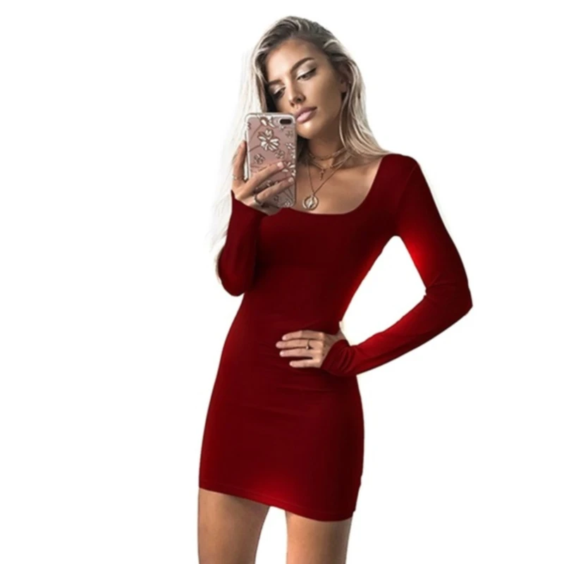 

Long Sleeve Sexy Bodycon Dress Women 2021 Club Autumn Basic Solid Square Neck Wine Red Black Woman Mini Dress Winter