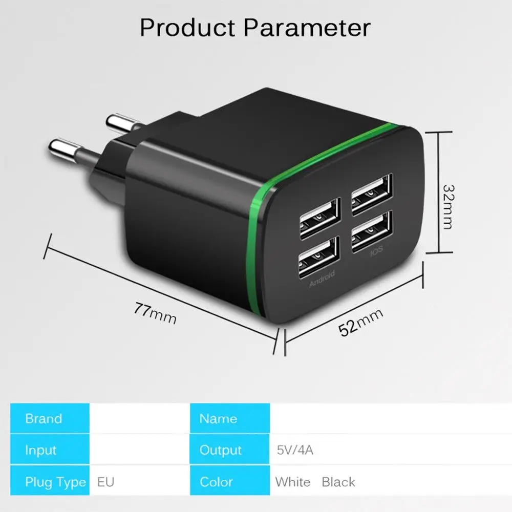 ABS Mobile Phone Wall Charger Socket Adapter EU Plug 5V 4A Fast Charging 4 Port USB Hub travel charging | Мобильные телефоны и