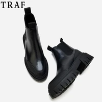 traf za woman shoe black shoes boot female ankle boots platform boots fashion elastic side gores mid heel womens short boots