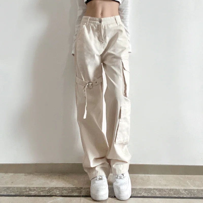 

Fashion Cargo Pants Ladies 2021 Autumn Vintage White Straight Daddy Pants Casual Loose High Waist Denim Trousers Women Clothing
