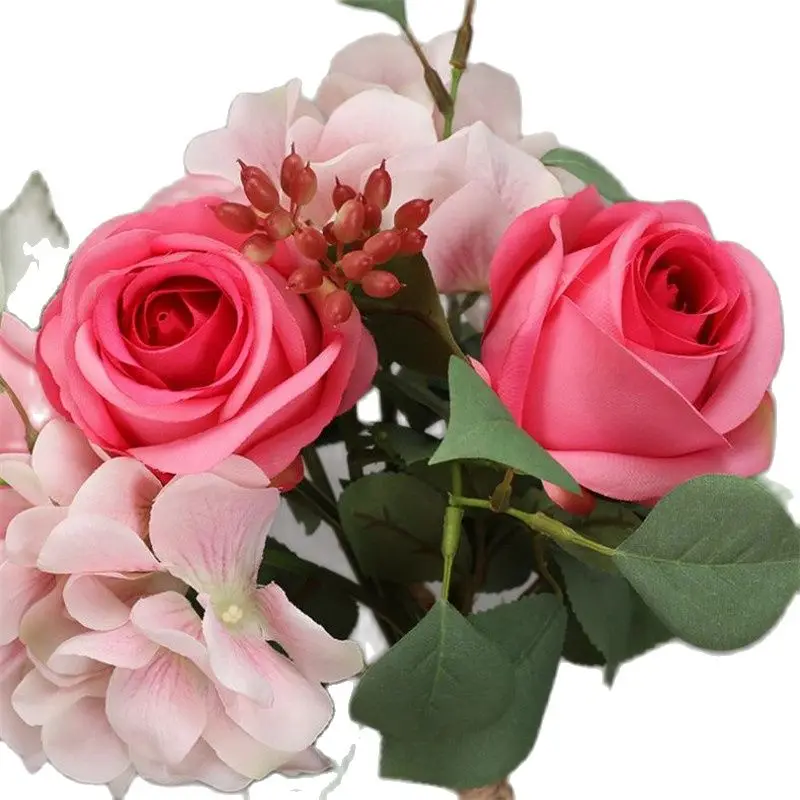 

ONE Fake Rose & Hydrangea Bridal Bouquet 11" Length Simulation Rosa Plastic Fruit for Wedding Centerpiece 4 Colors Available