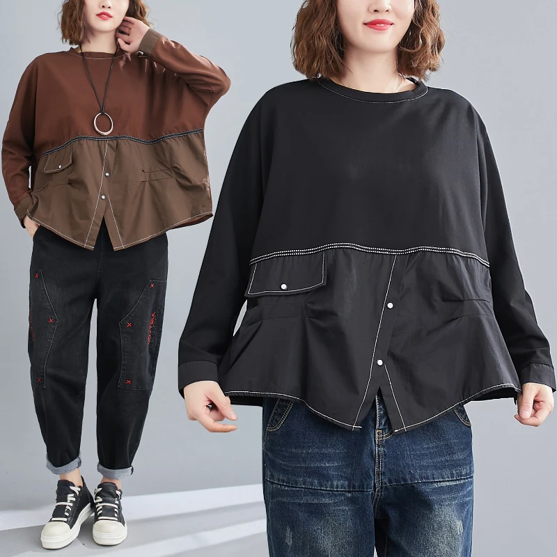 

Oversized Women Loose Casual Tops New Arrival 2021 Autumn Korean Simple Patchwork Color Female Cotton Blouses Shirs blusa mujer