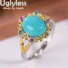 Uglyless высокой фарфоровой натуральный кольца с бирюзой Для женщин Красочные Циркон цветы кольца 925 Серебро Драгоценные камни ювелирные изделия экзотические