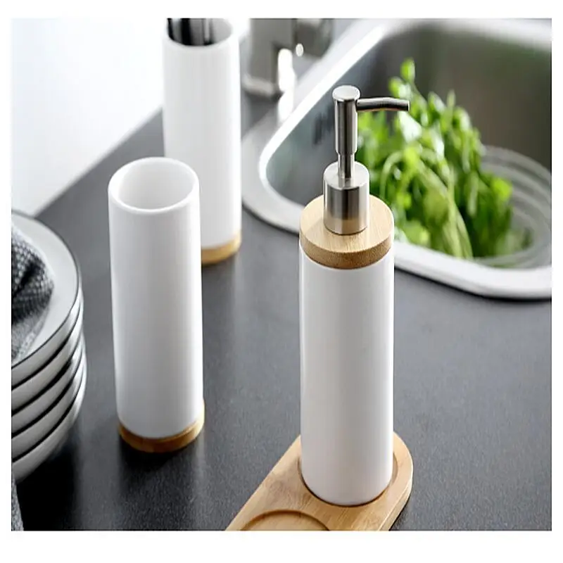 

Household Ceramic Matte Bathroom Mouthwash Cup Bamboo Wood Base Toilet Lotion Container Set Couple Tooth Cylinder Brushing