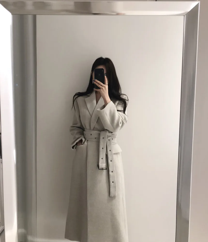 Hebaoli new fashion korean chic vintage style elegant lace up waistband slim long winter windbreaker woolen coat western women