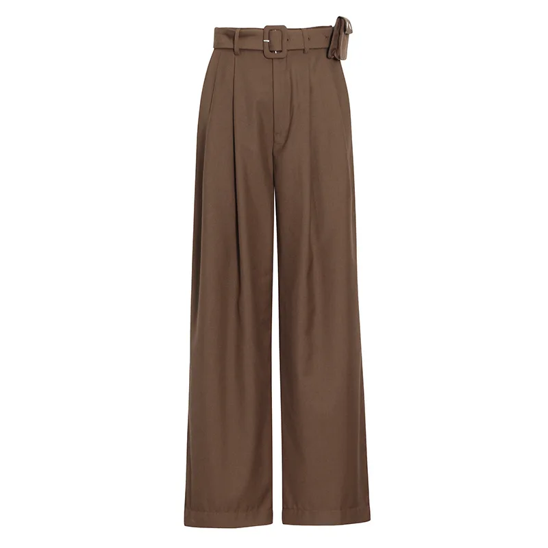 

Design season new temperament Joker loose pure color belt waist bag casual wide leg pants women 28235