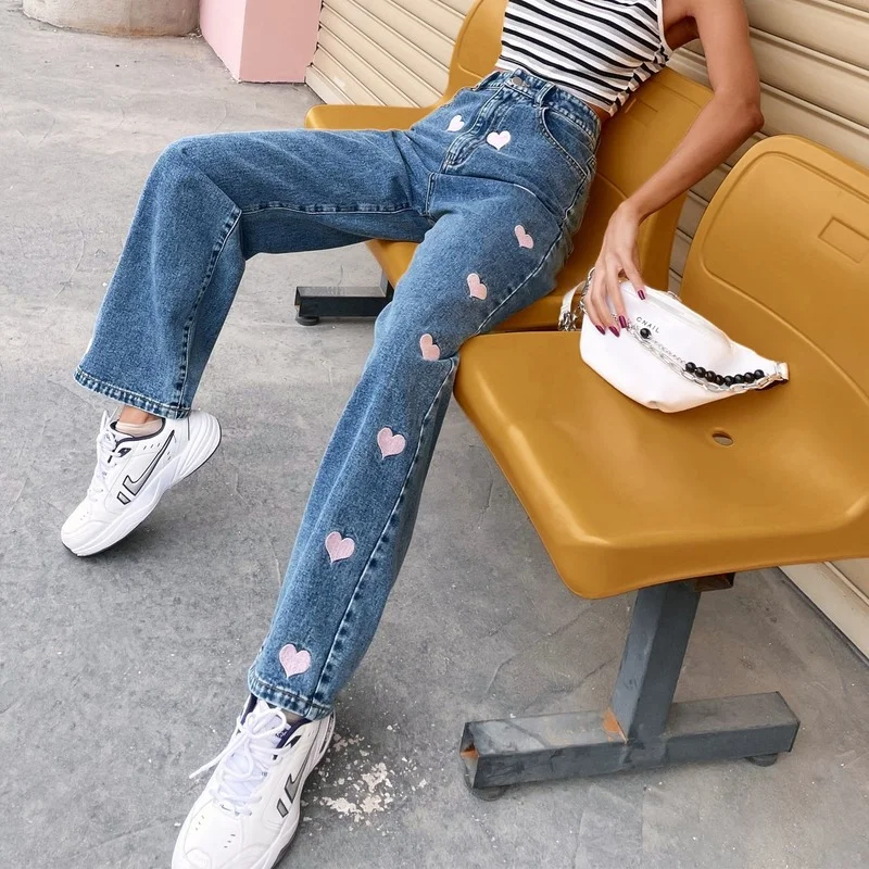 

Harajuku Heart Pattern Printed Straight Jeans Women Ladies Wild High Waist Casual Fashion Wide Leg Trousers with Pocket Pantalon