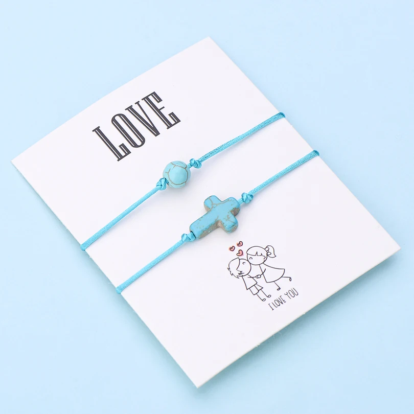 color 2 IYOE 2 шт./компл. Wish Card любовь ручной плетеный браслет для пары для женщин и мужчин Красная Нить круглые бусины Крест Шарм браслет подарок любителю - Окраска металла: color 2