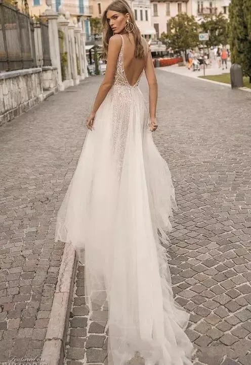 Пляжные свадебные платья Berta современные прозрачные с глубоким v образным