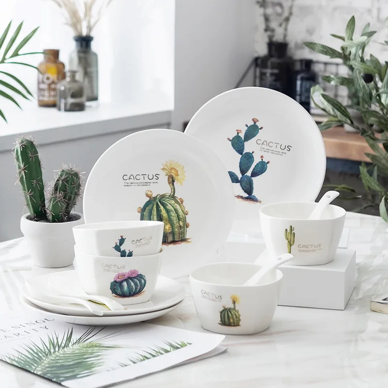 4 Шт. 8 Дюймов Круглый Кактус Свежий Домашний Фарфор Посуда Завод Блюда Стейк