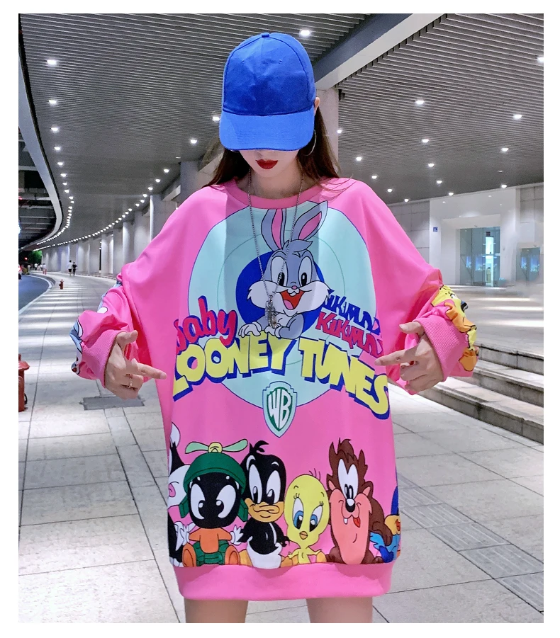 

Fashion Long Students Sweet Style Sweatshirt Cartoon Print Designers Loose Oversize Women Shirts Sexy Drop-shoulder Pullovers