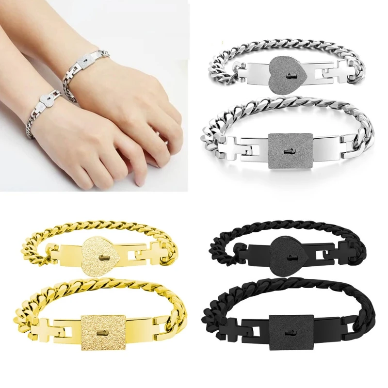 

2Pcs Silver Tone Stainless Steel Lover Heart Love Lock Bracelet with Lock Key Bangles Kit Couple Jewelry Sets Gift