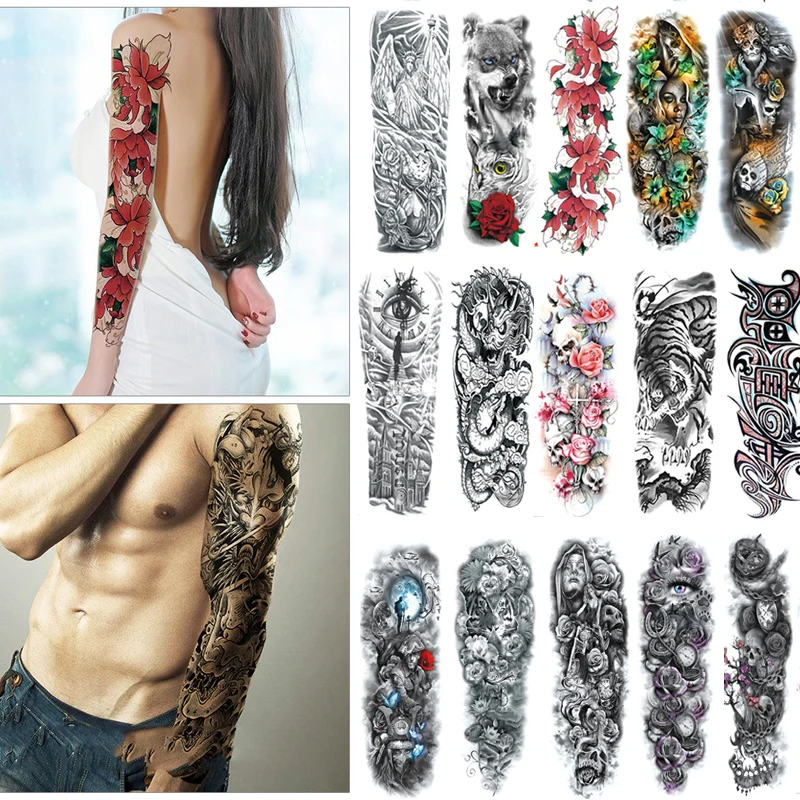 

Wolf Rose Skull Fake Tattoo for Women Men Big Arm Tattoo Sleeve Waterproof Temporary Tattoo Sticker Body Art Large Size