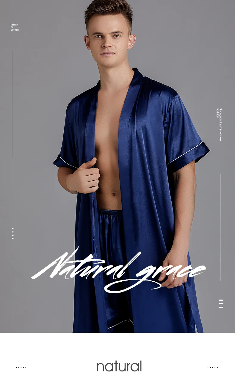 

Summer Large Size Robes Sets For Men Silk Male Nightgown Bathrobe Shorts 2pcs Satin Sleepwear Home Clothing L-XXXL