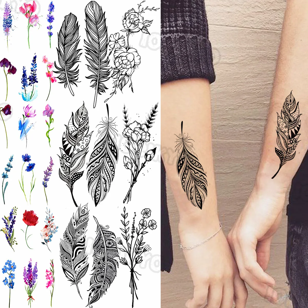 

Feather Indian Henna Small Temporary Tattoos For Women Girls Realistic Zinnia Flower Lavender Fake Tattoo Sticker Arm Tatoos