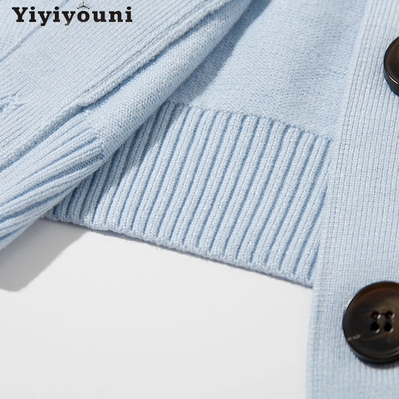 

Yiyiyouni Single-breasted Knitted V-Neck Cardigans Women Casual Loose Sweater Female Long Sleeve Pockets Solid Tops Harajuku