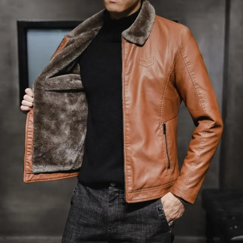 

New Thick Leather Jacket Mens Winter Autumn Men's Jacket Fashion Faux Fur Collar Windproof Warm Coat Male Brand Clothing