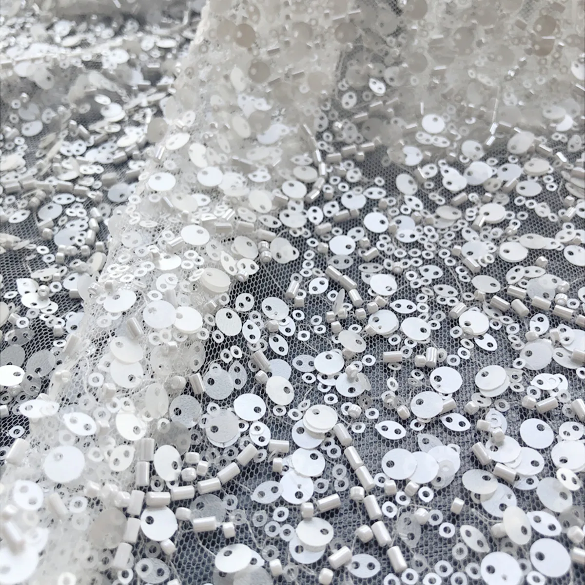 

1 Yard Milk Color Bridal Wedding Dress Lace Fabric Luxury Sequin Evening Dress Ivory With Beads Bridal Dress DIY Fabric