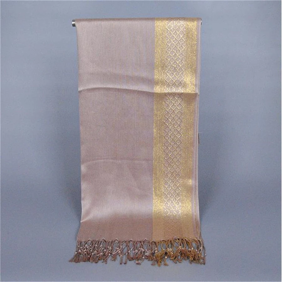 Модный золотой шелковый шарф женский длинный большой с кисточками разноцветные