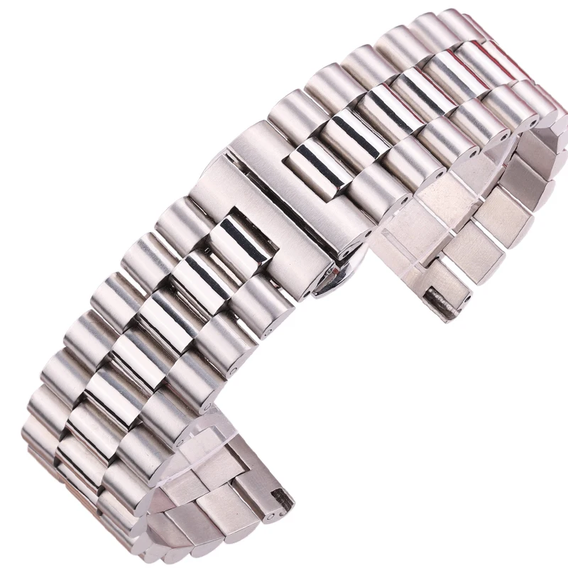 Solid Stainless Steel Watch Band Bracelet Women Men Silver Middle Polished 16mm 18mm 20mm 21mm 22mm Strap Accessories
