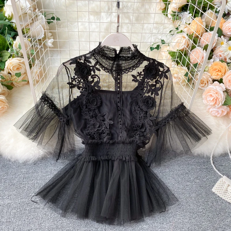 

Mesh Blouse Women Sweet Stand Neck Flare Sleeve Shirts Blusa Summer New Fashion Elegant Slim Waist Female Tops Blusas Para Mujer