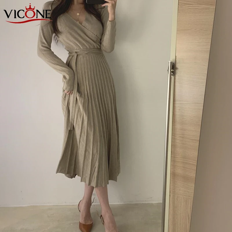 

VICONE Chic Women Autumn Winter Long Knitted Pleated Dress Female with Sashes A Line Sweater Dresses
